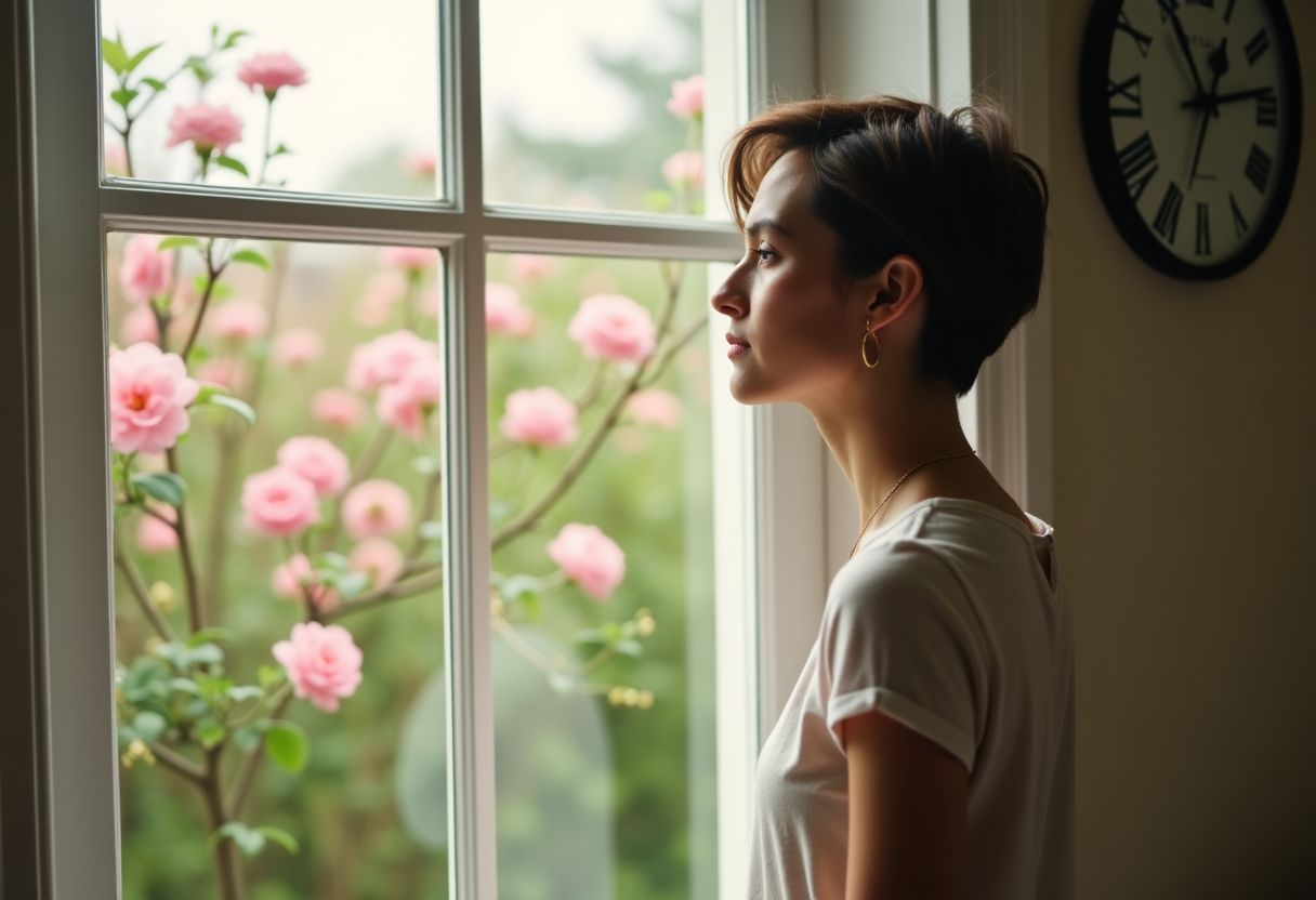 A person looks out a sunlit window at a blooming garden.