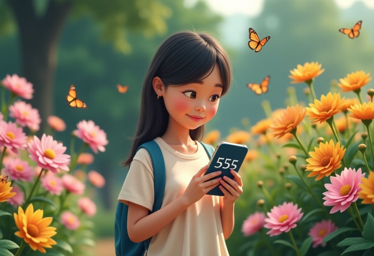 A person in a garden, looking at their phone showing the number 555. A person in a garden, looking at their phone showing the number 555.