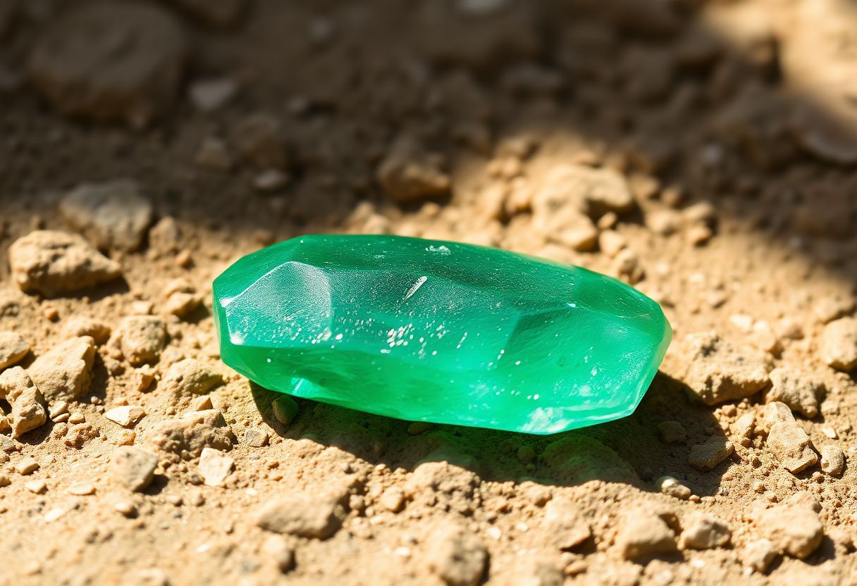 A vibrant emerald gemstone on a natural surface in soft sunlight.