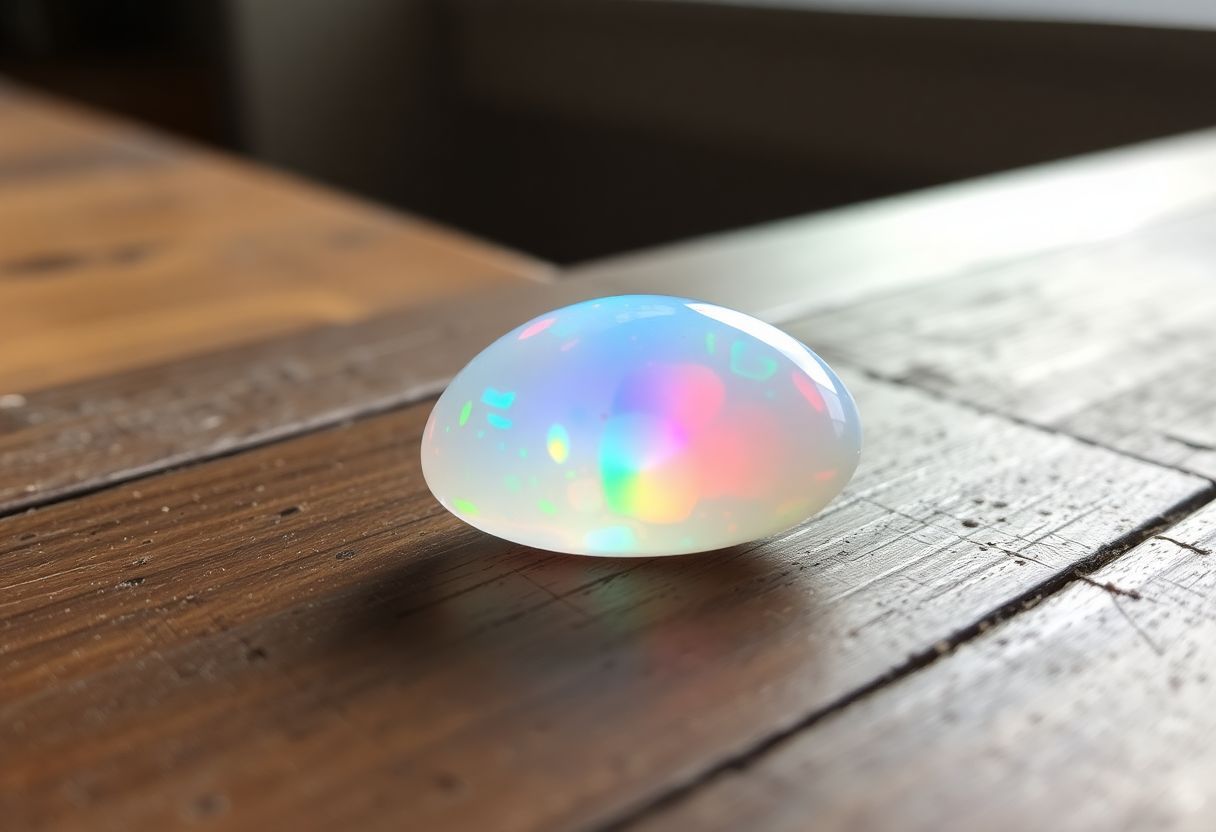 A polished opal gemstone on a rustic wooden table in soft natural light.