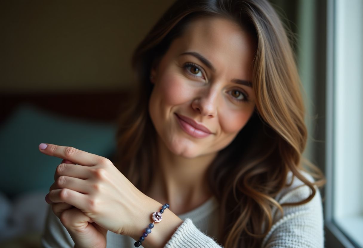 A woman in her 30s putting on a Virgo Zodiac Birthstone Bracelet. A woman in her 30s putting on a Virgo Zodiac Birthstone Bracelet.